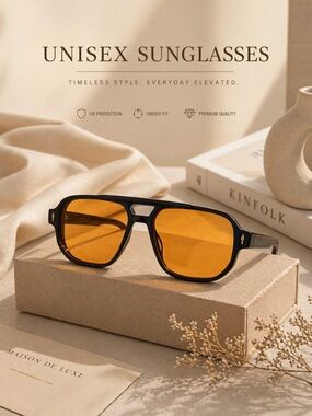 Unisex Black Frame Amber Lens Sunglasses Retro Square UV Style